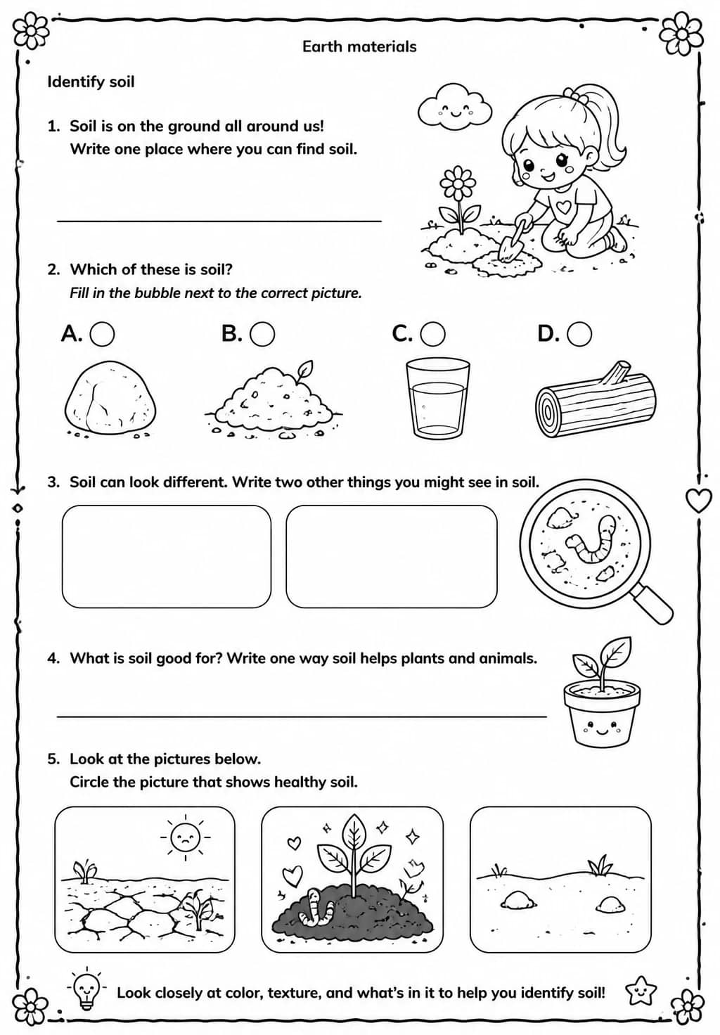 Identify soil — free printable Grade 3 Science worksheet