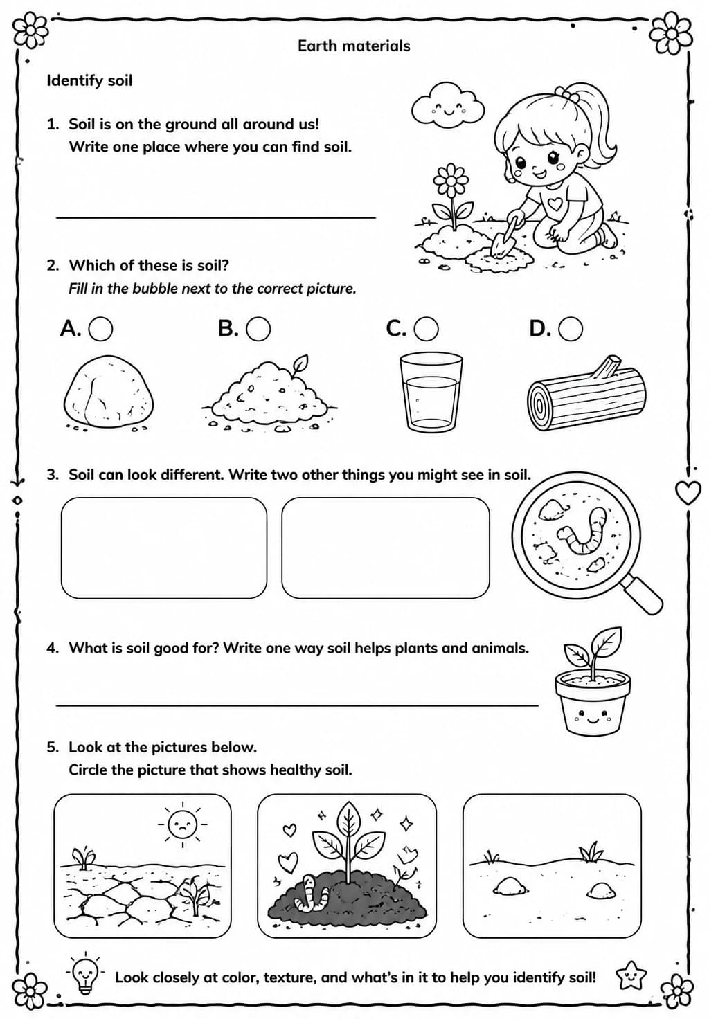 Identify soil — free printable Grade 3 Science worksheet