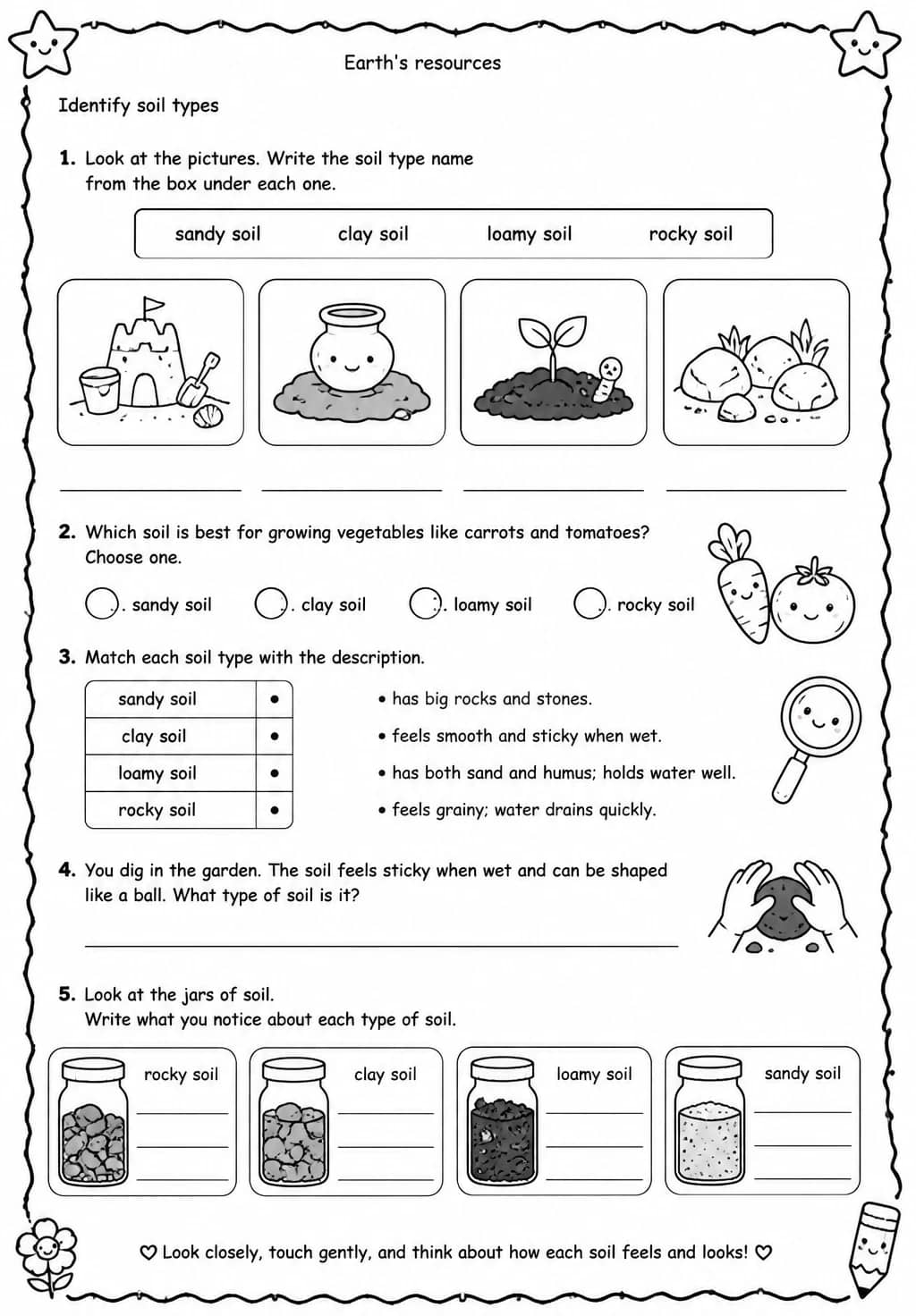 Identify soil types — free printable Grade 1 Science worksheet