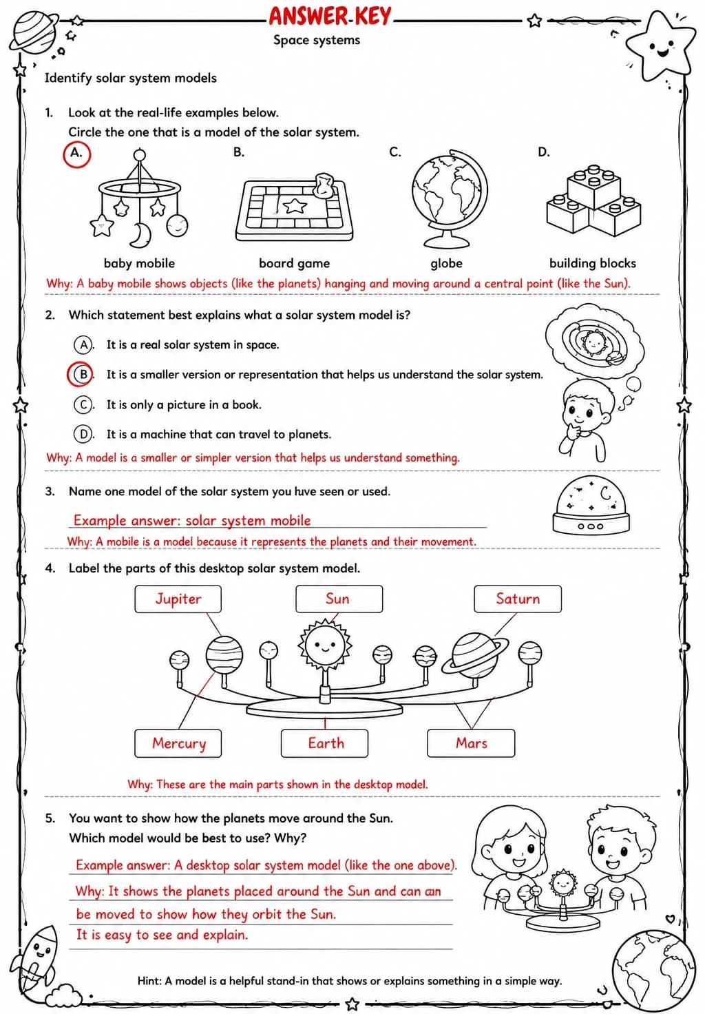 Answer key for Identify solar system models — free printable Science worksheet