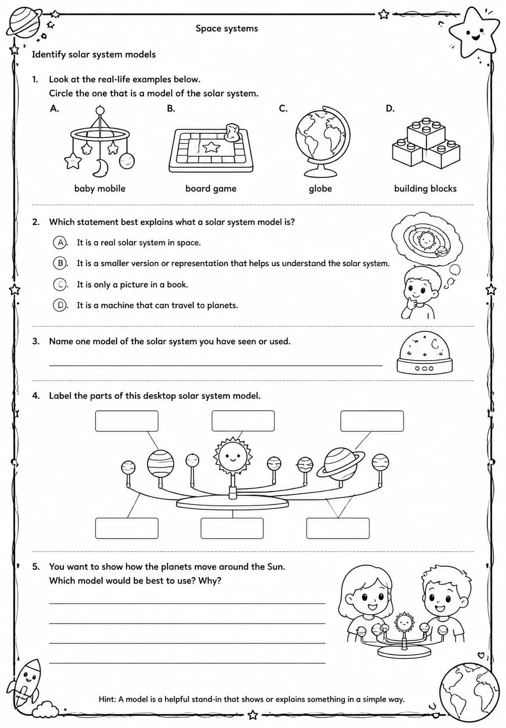 Identify solar system models — free printable Grade 4 Science worksheet