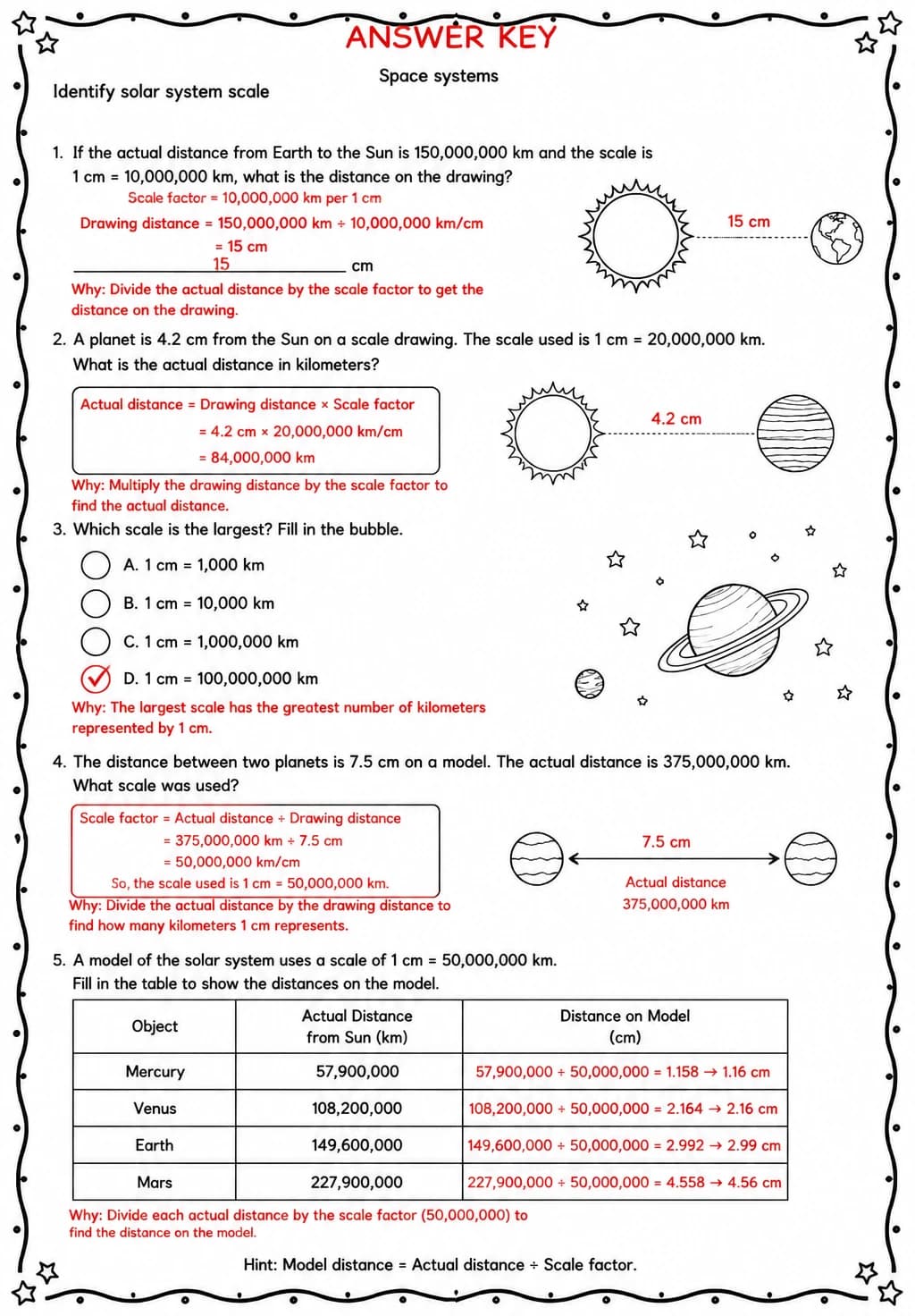 Answer key for Identify solar system scale — free printable Science worksheet