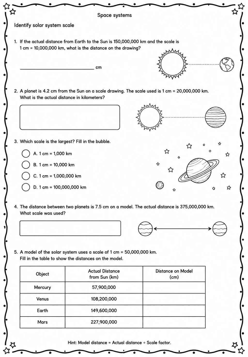 Identify solar system scale — free printable Middle School Science worksheet