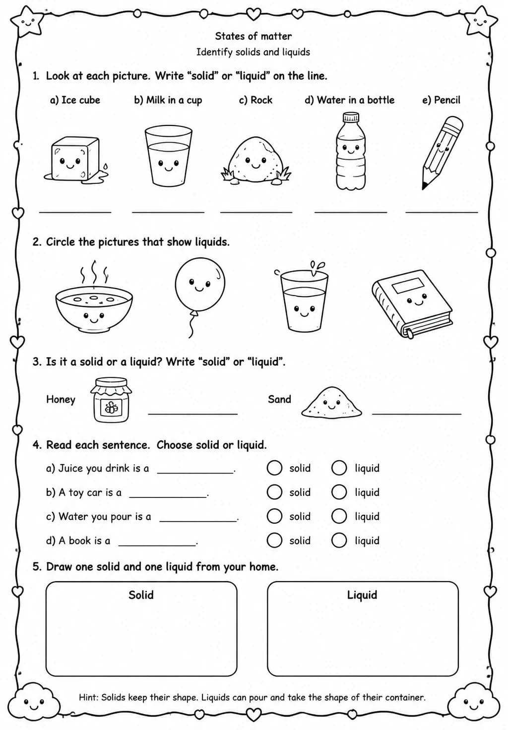 Identify solids and liquids — free printable Grade 1 Science worksheet