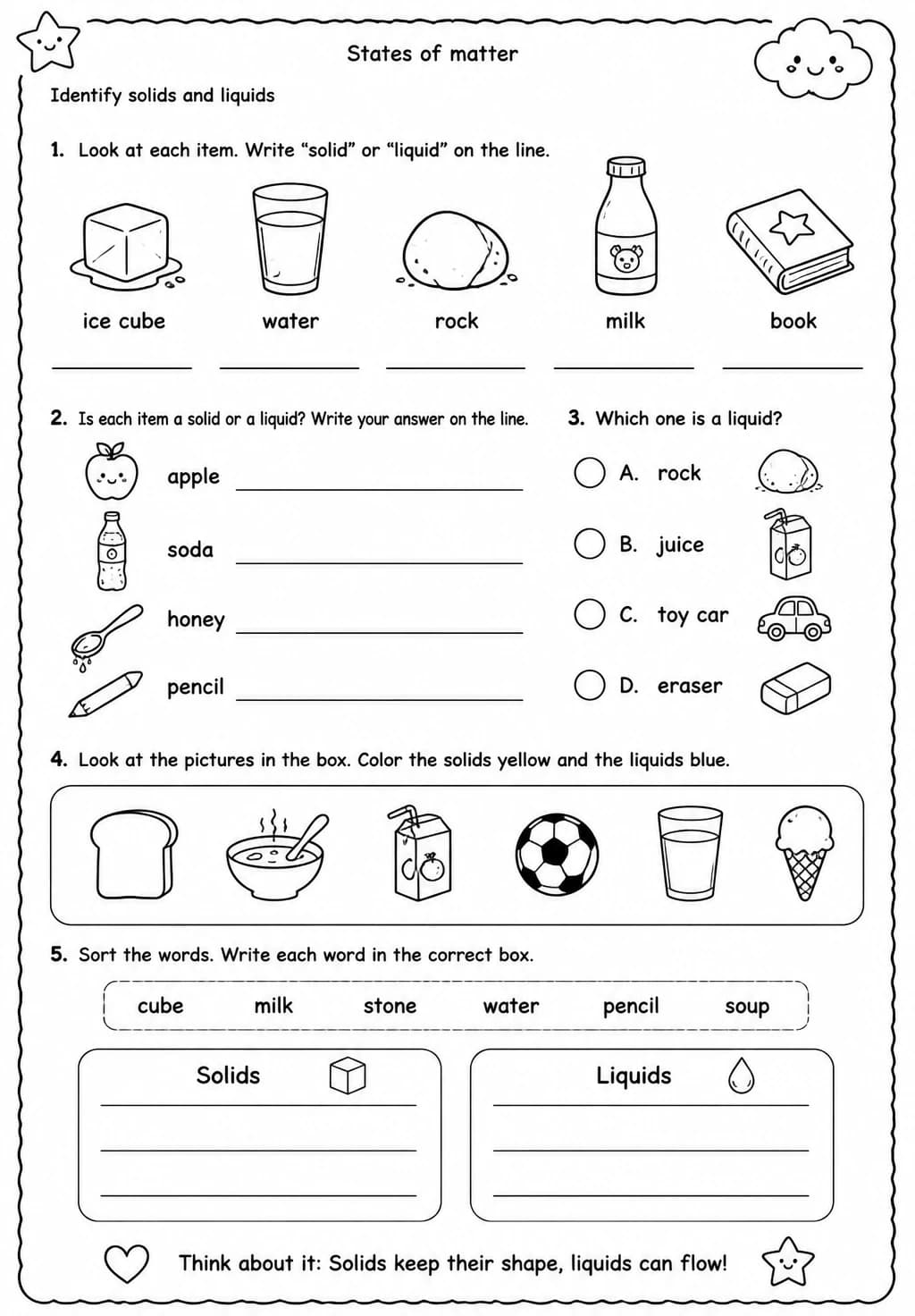 Identify solids and liquids — free printable Grade 2 Science worksheet