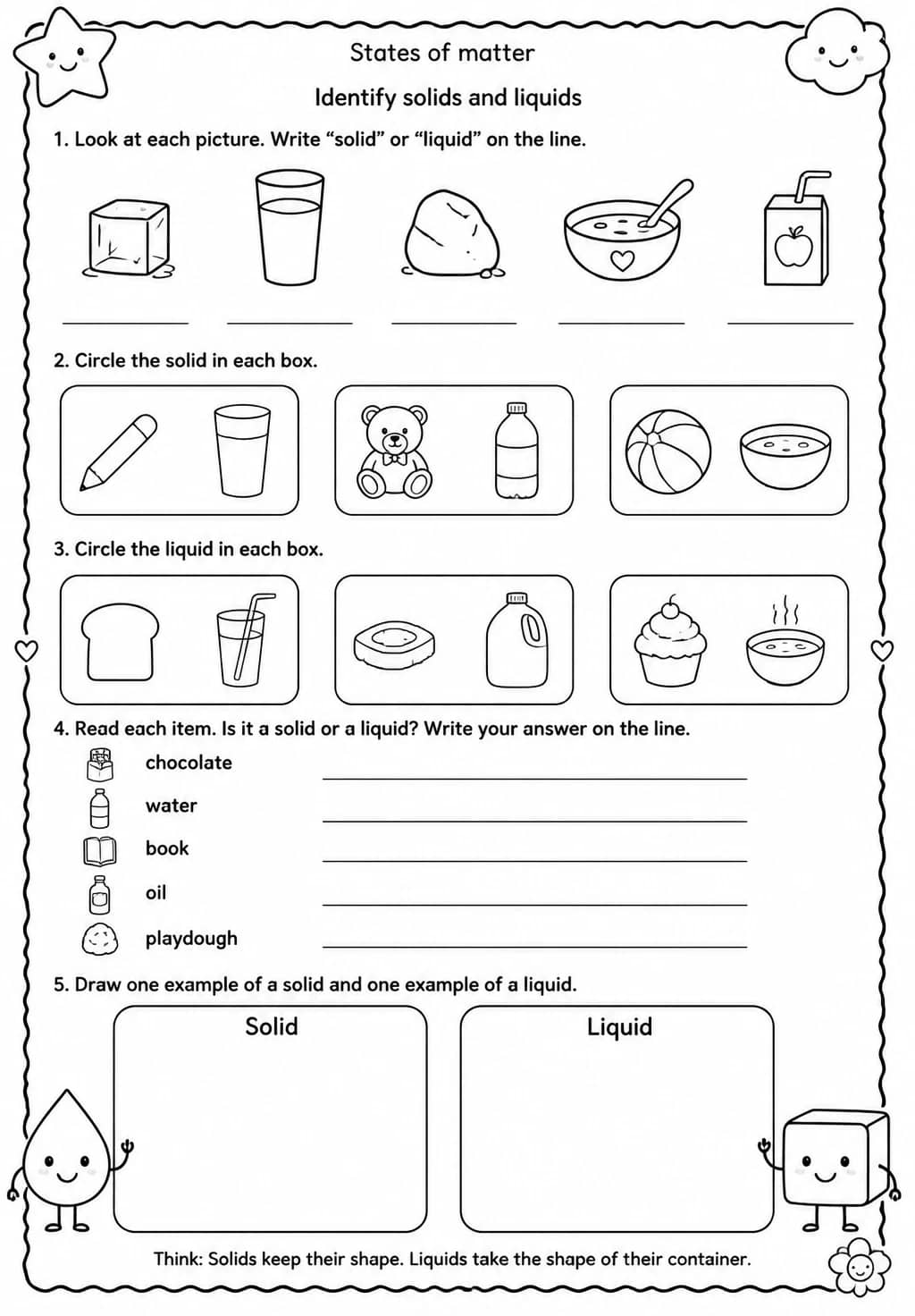 Identify solids and liquids — free printable Kindergarten Science worksheet