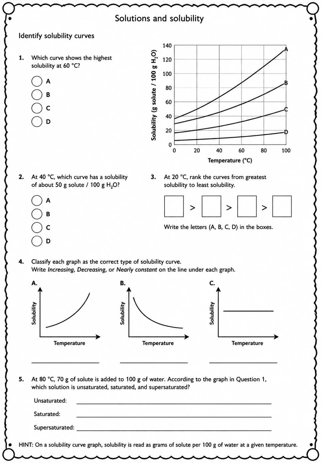 Identify solubility curves — free printable High School Science worksheet