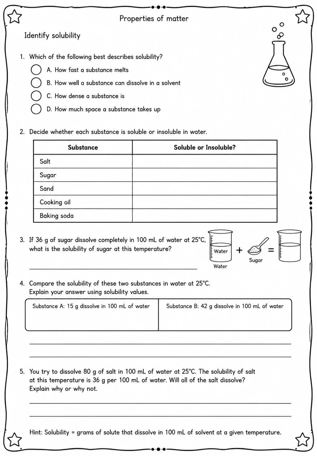 Identify solubility — free printable Grade 5 Science worksheet