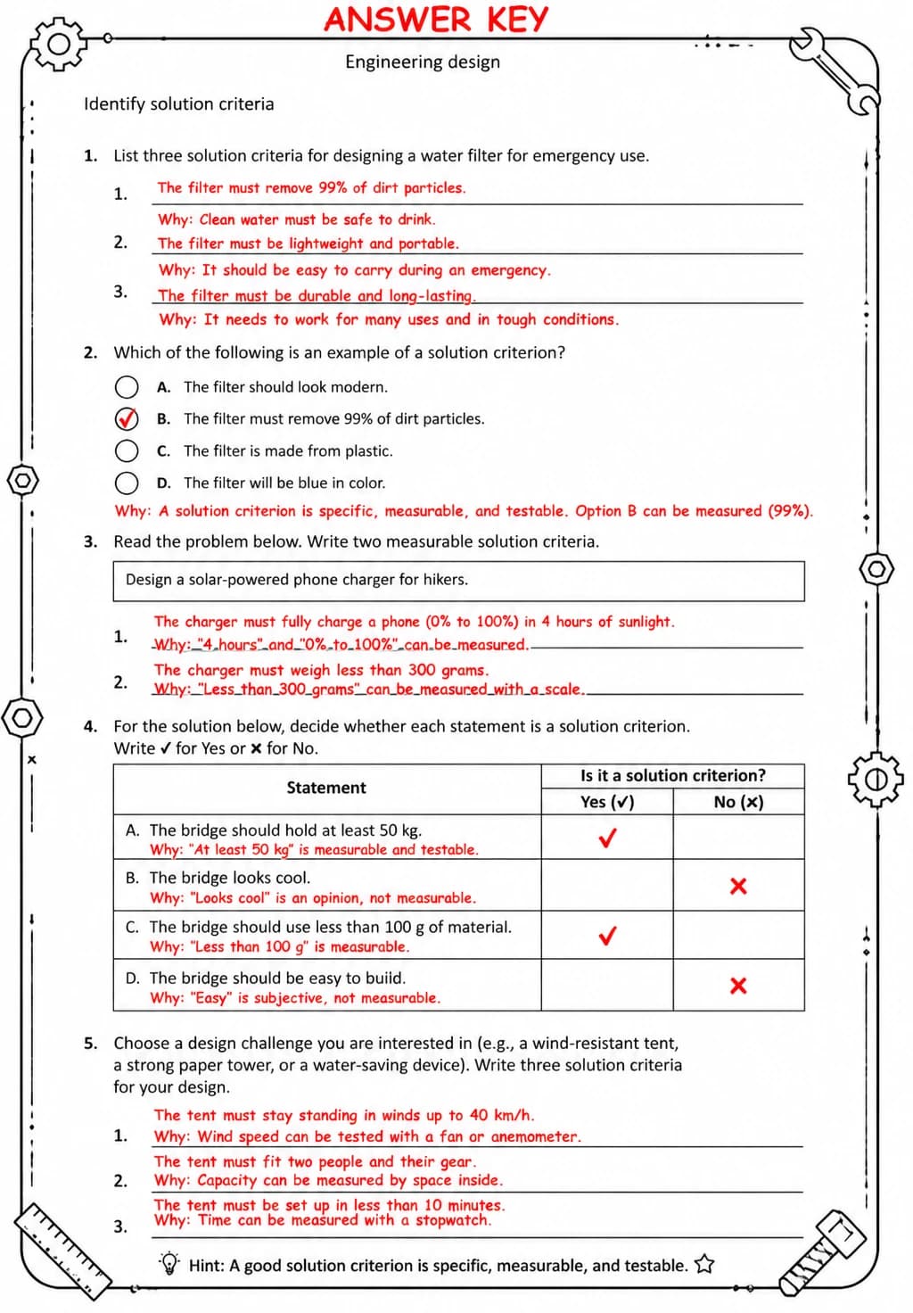 Answer key for Identify solution criteria — free printable Science worksheet