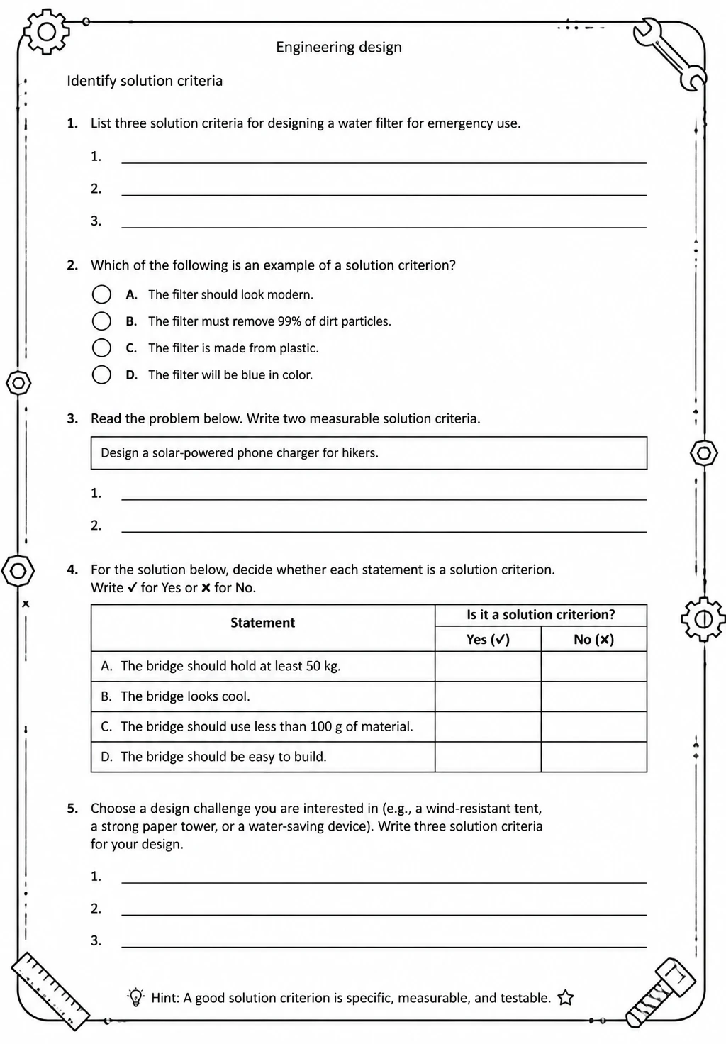 Identify solution criteria — free printable Middle School Science worksheet