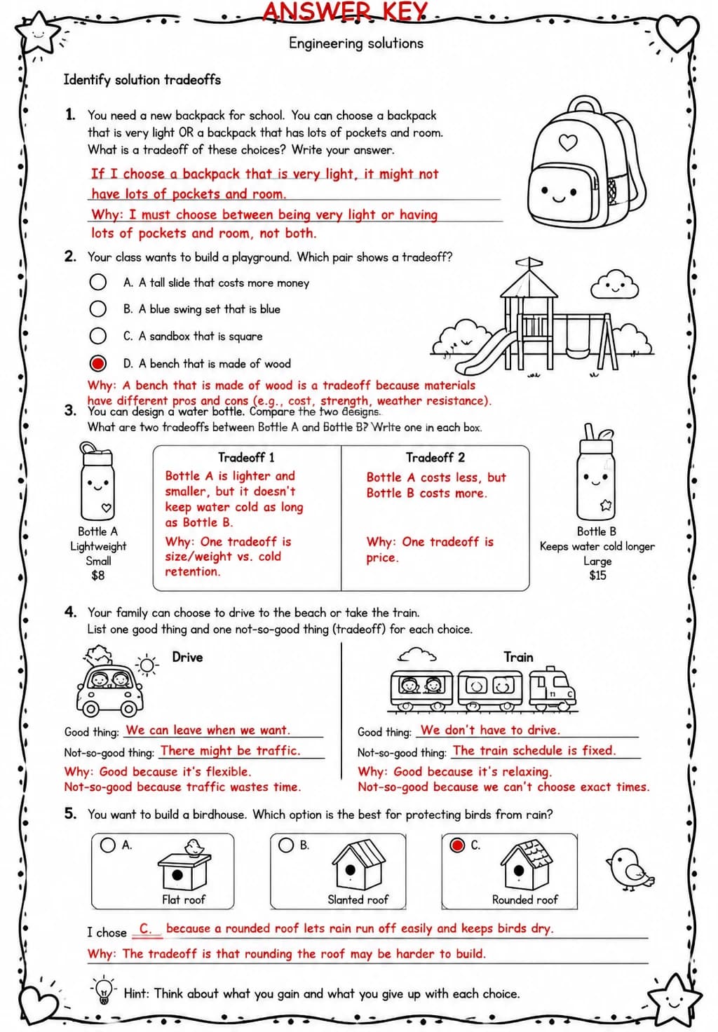 Answer key for Identify solution tradeoffs — free printable Science worksheet