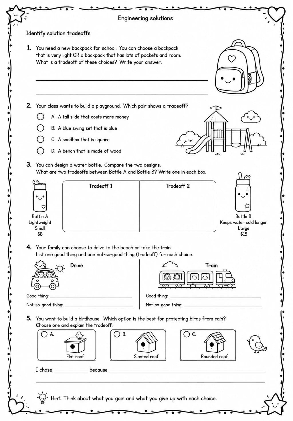 Identify solution tradeoffs — free printable Grade 4 Science worksheet