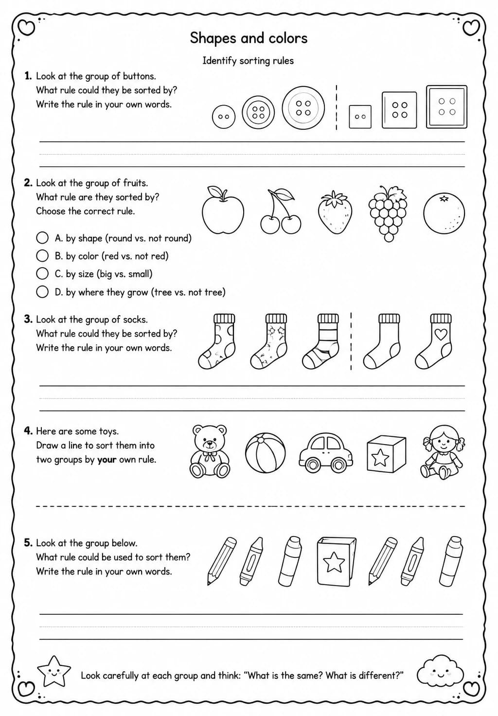 Identify sorting rules — free printable Grade 1 Science worksheet