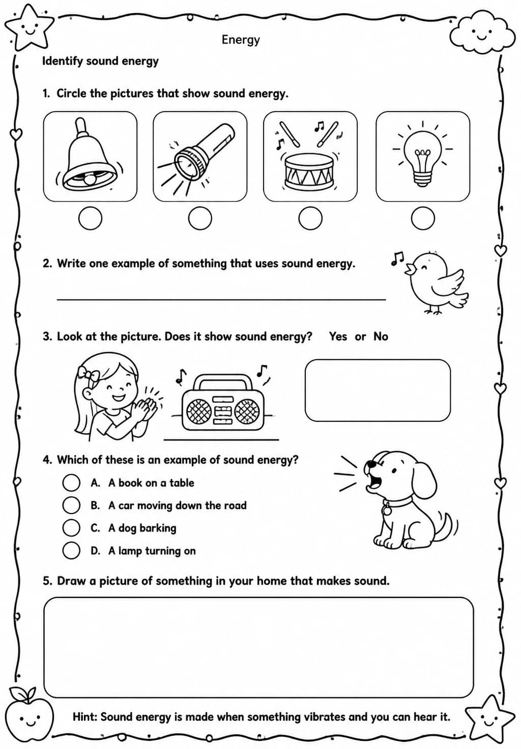 Identify sound energy — free printable Grade 3 Science worksheet