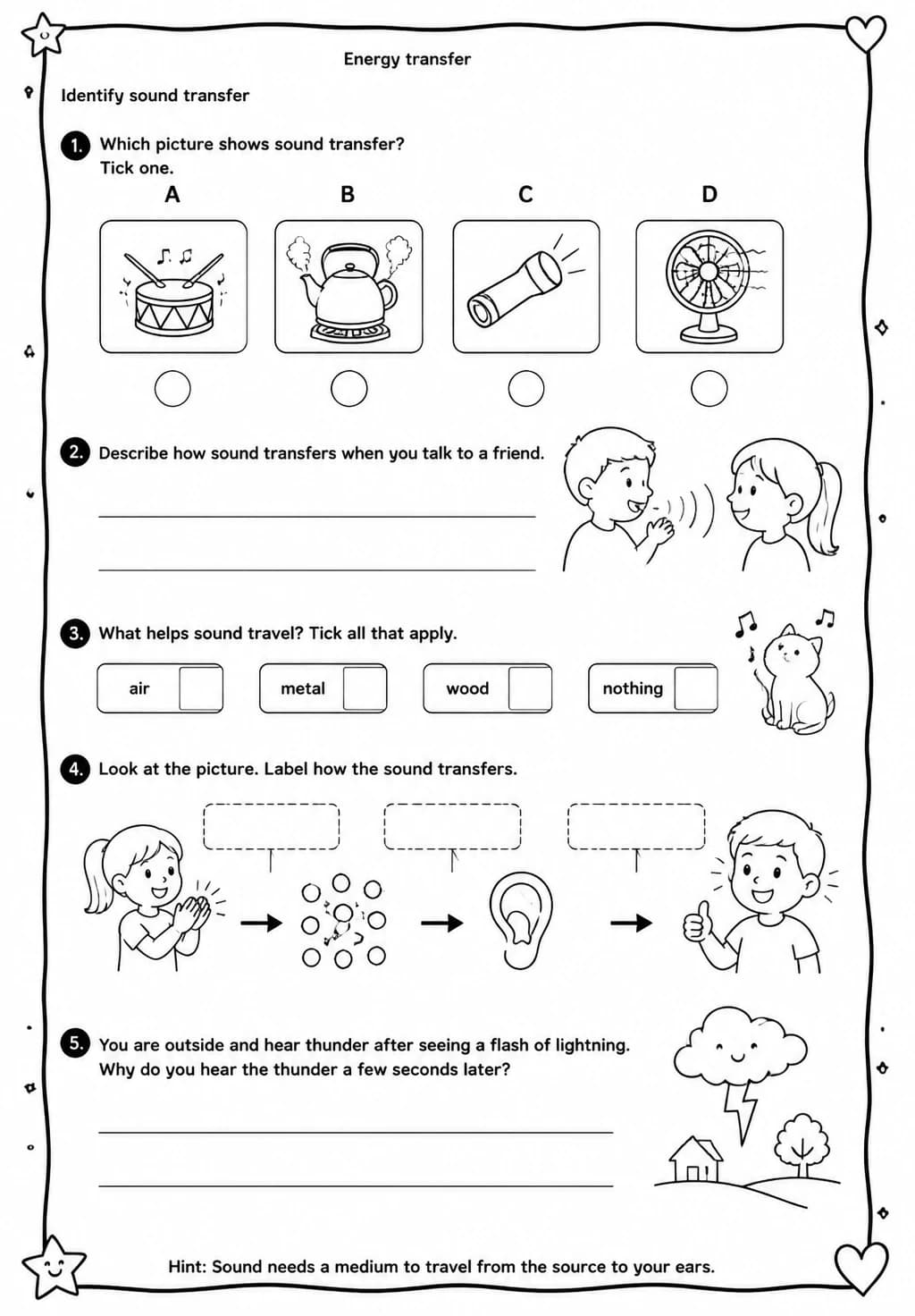 Identify sound transfer — free printable Grade 4 Science worksheet