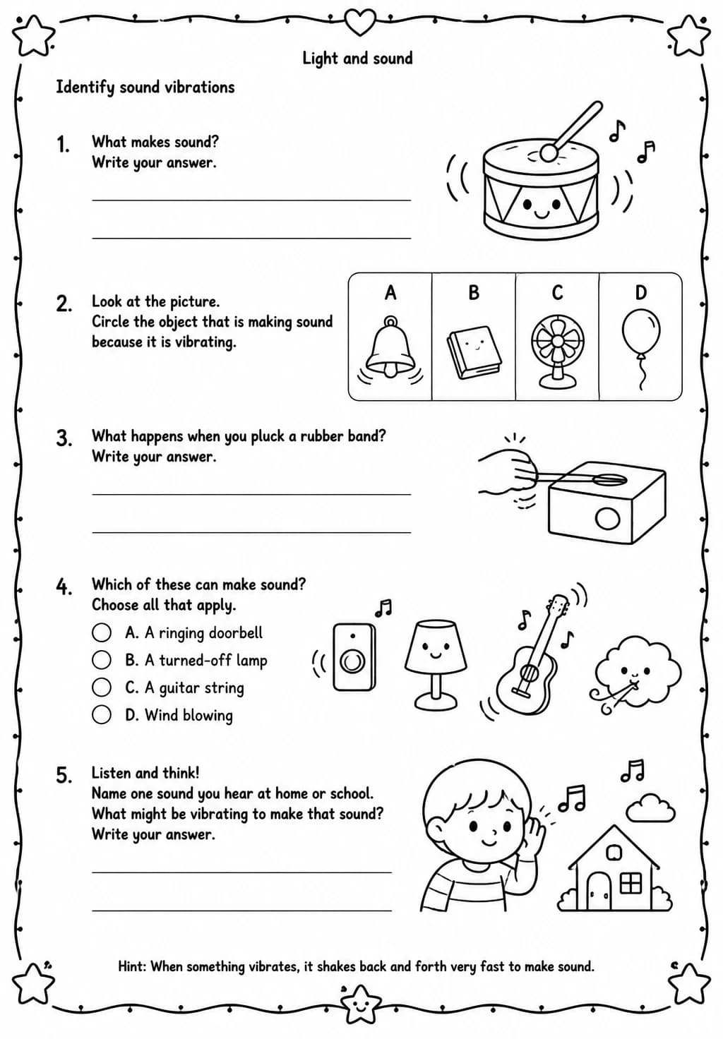 Identify sound vibrations — free printable Grade 2 Science worksheet