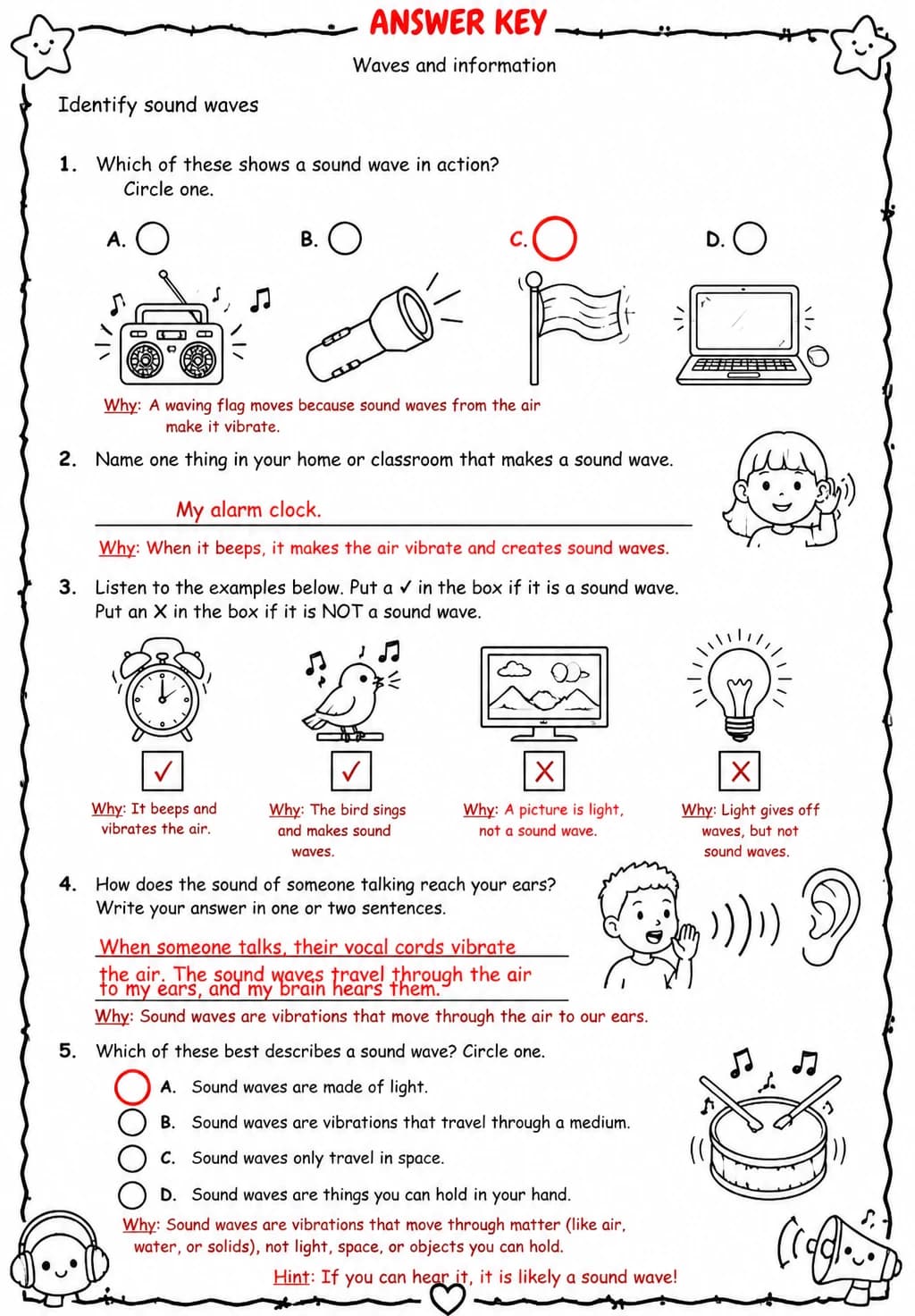Answer key for Identify sound waves — free printable Science worksheet