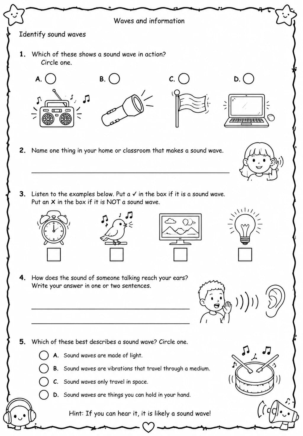 Identify sound waves — free printable Grade 4 Science worksheet