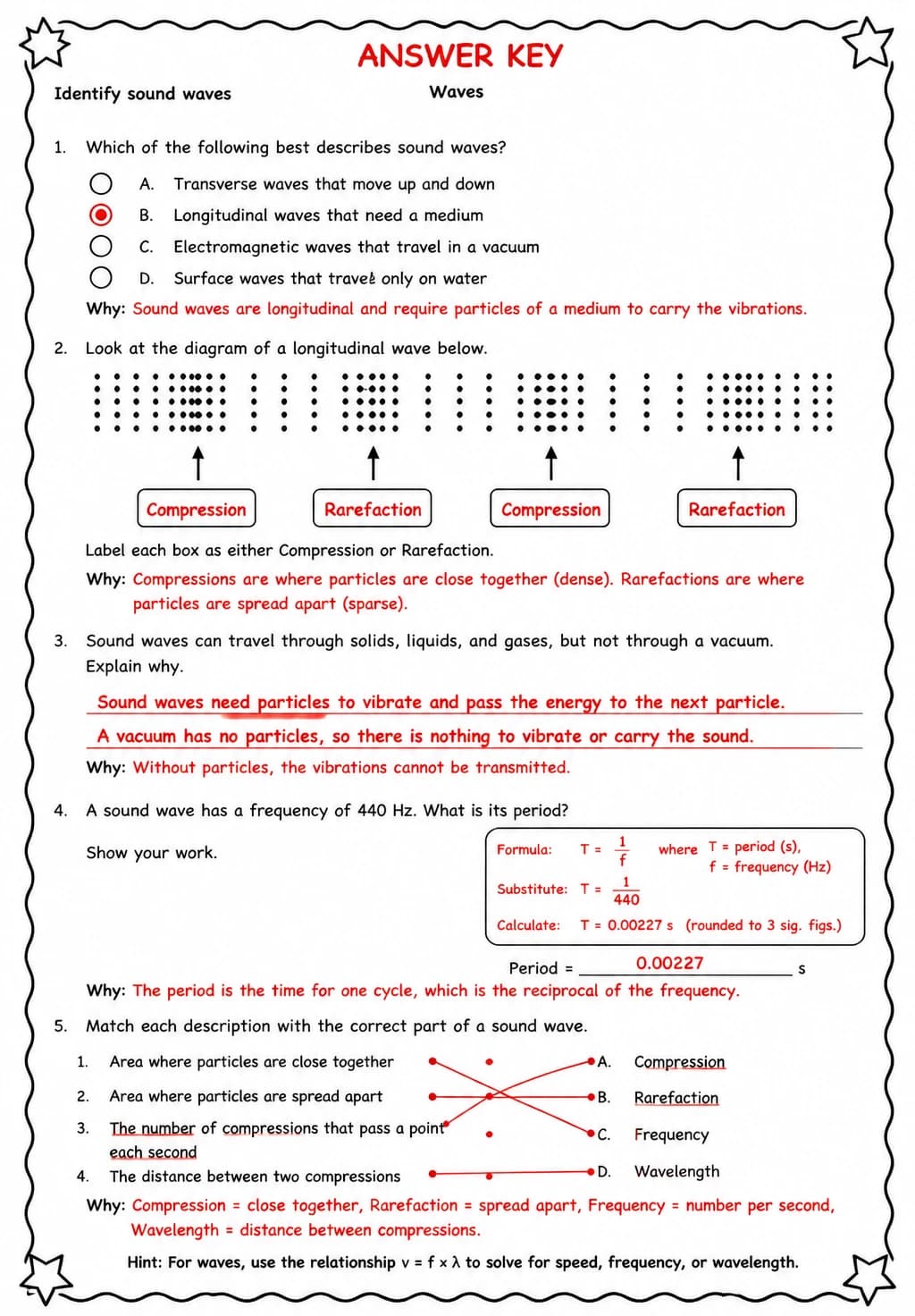Answer key for Identify sound waves — free printable Science worksheet