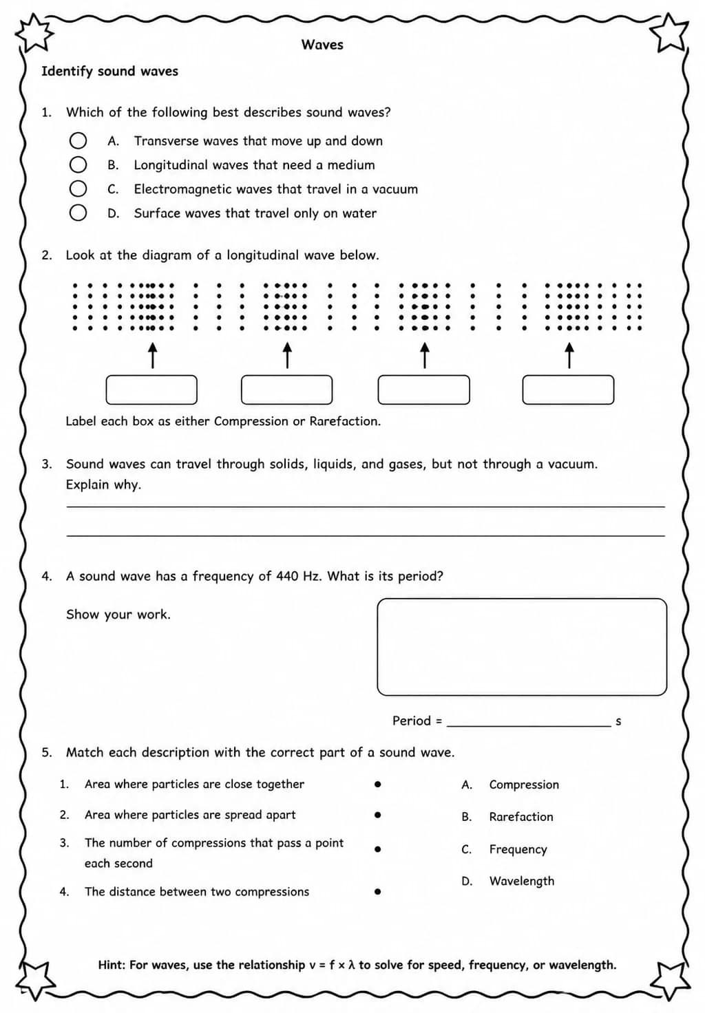 Identify sound waves — free printable Middle School Science worksheet