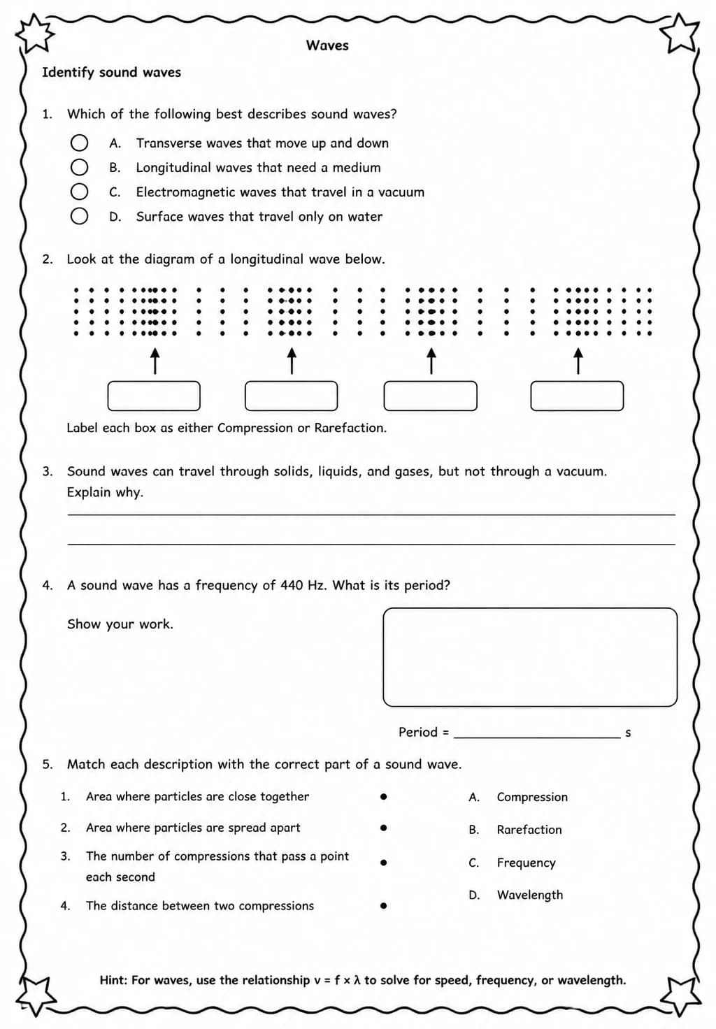 Identify sound waves — free printable Middle School Science worksheet