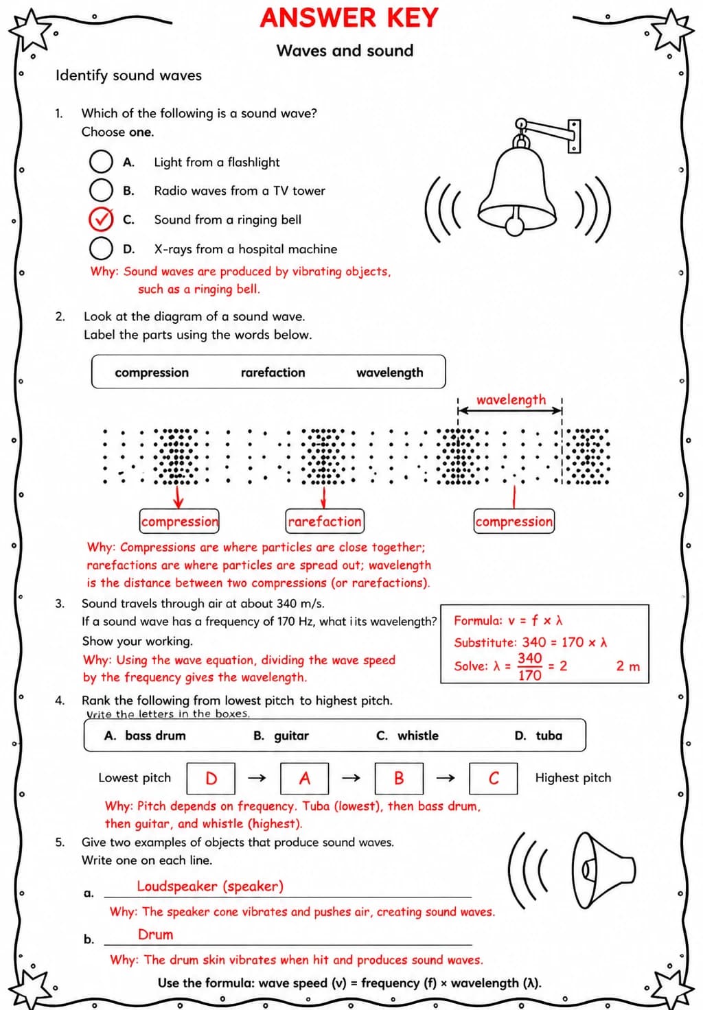 Answer key for Identify sound waves — free printable Science worksheet