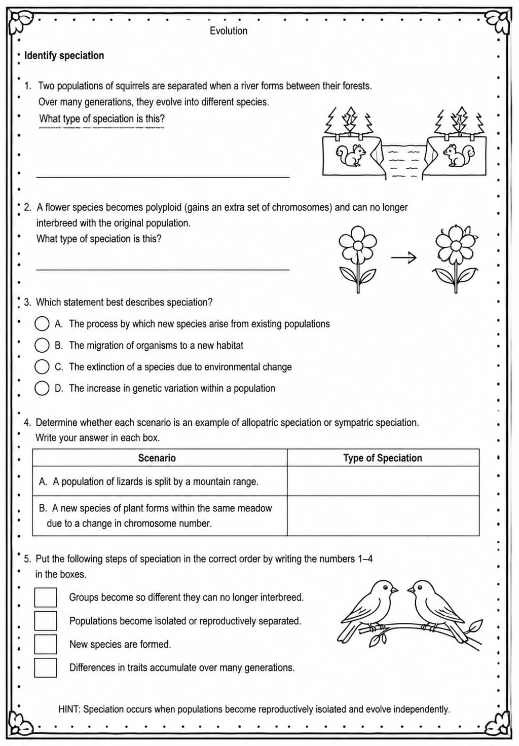 Identify speciation — free printable High School Science worksheet