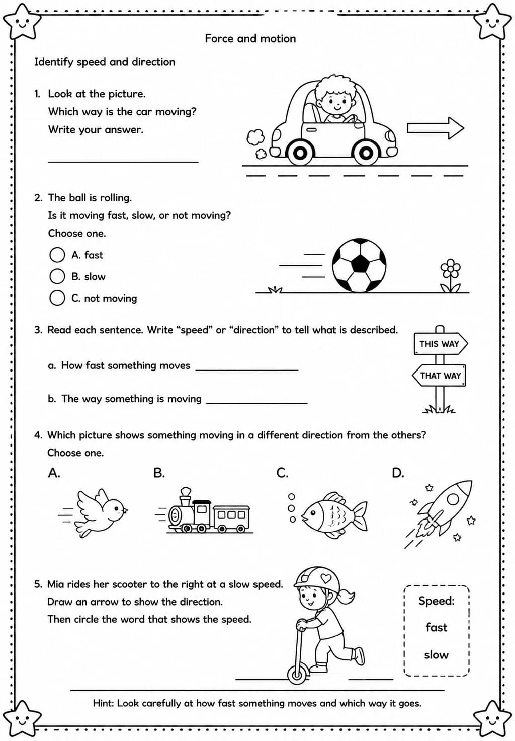 Identify speed and direction — free printable Grade 2 Science worksheet