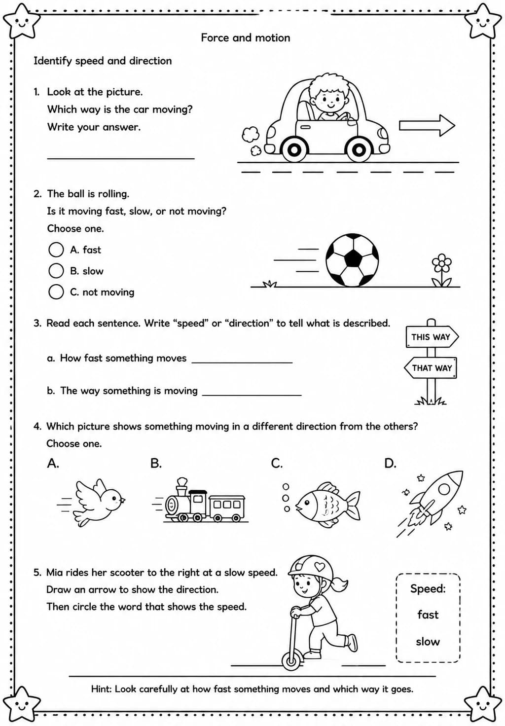 Identify speed and direction — free printable Grade 2 Science worksheet