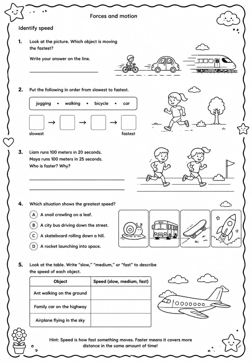Identify speed — free printable Grade 4 Science worksheet