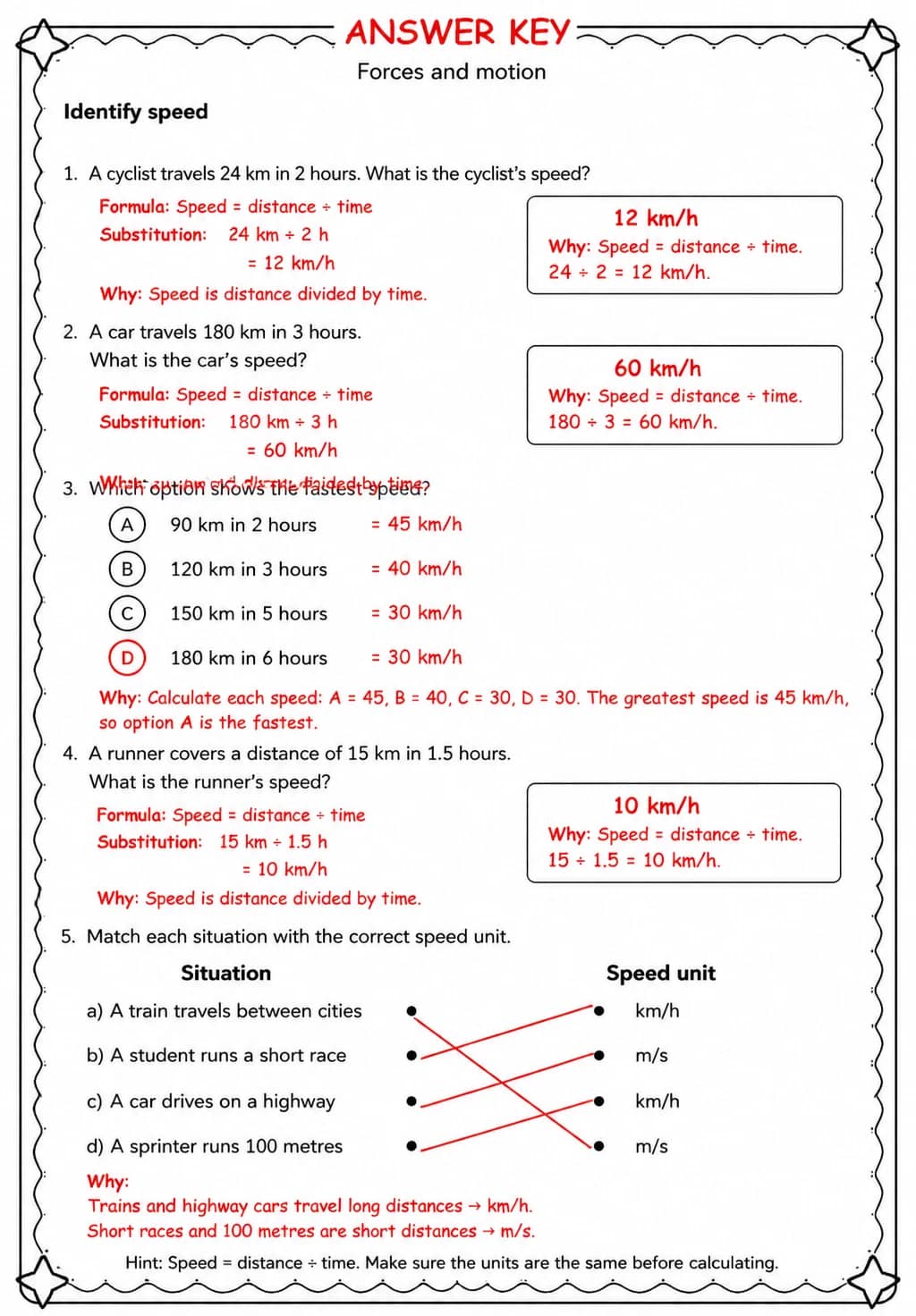 Answer key for Identify speed — free printable Science worksheet