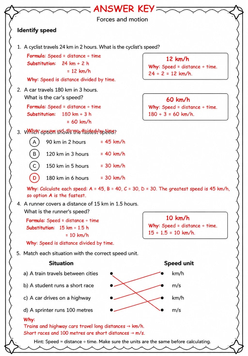 Answer key for Identify speed — free printable Science worksheet
