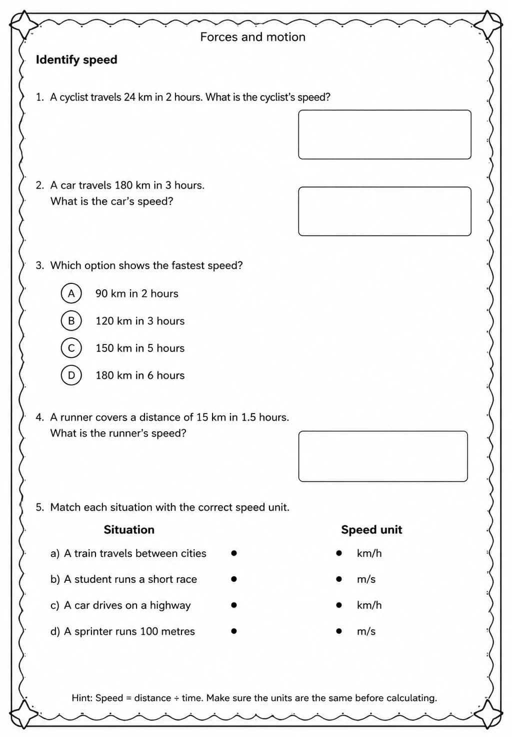 Identify speed — free printable Middle School Science worksheet