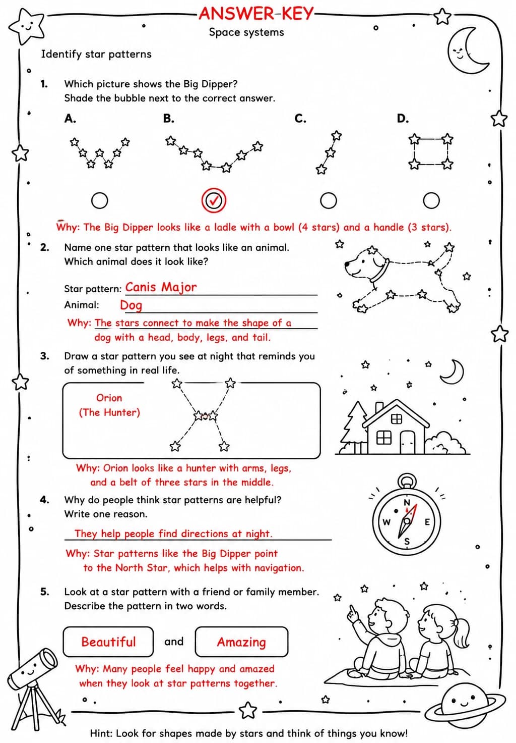Answer key for Identify star patterns — free printable Science worksheet