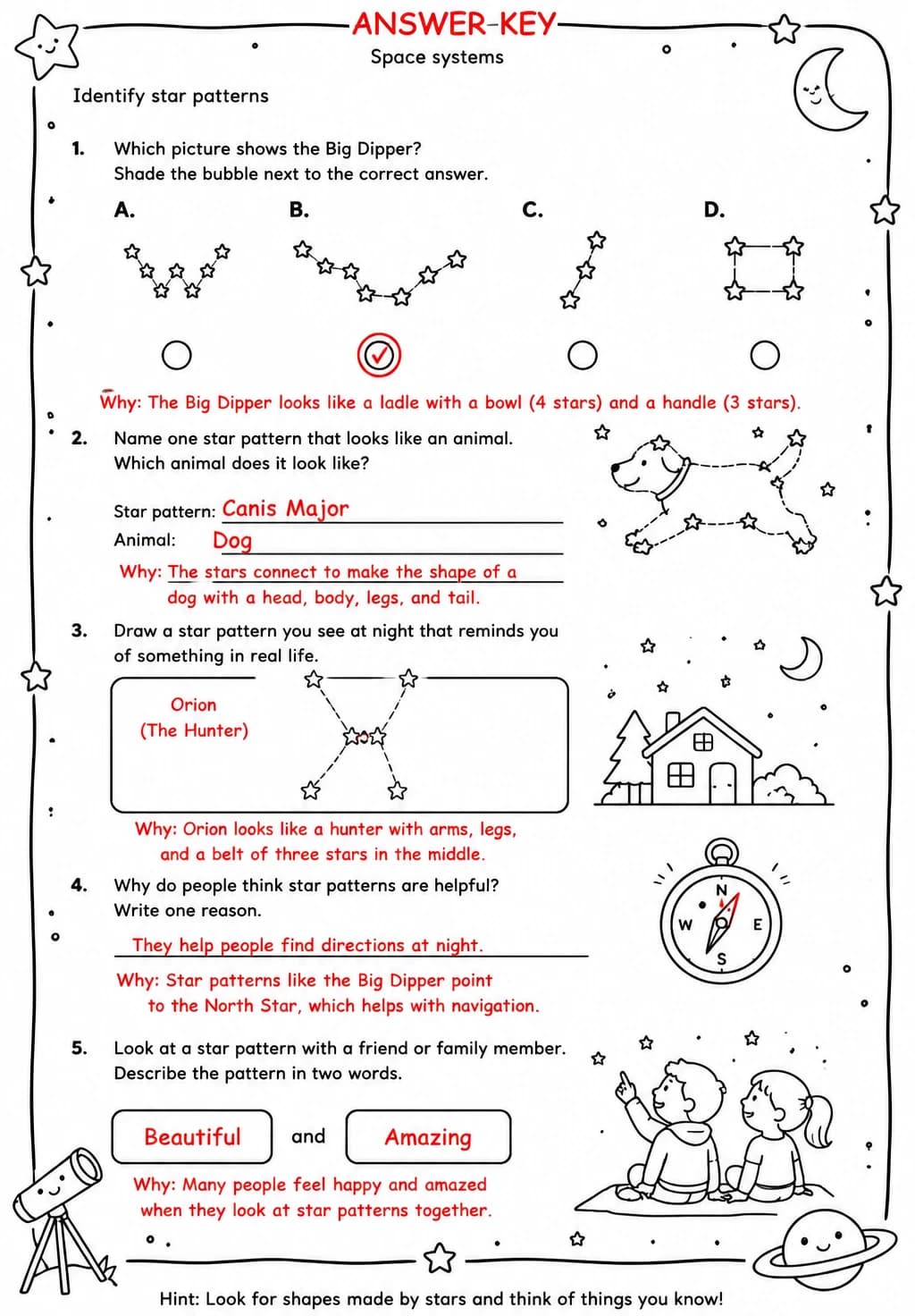 Answer key for Identify star patterns — free printable Science worksheet