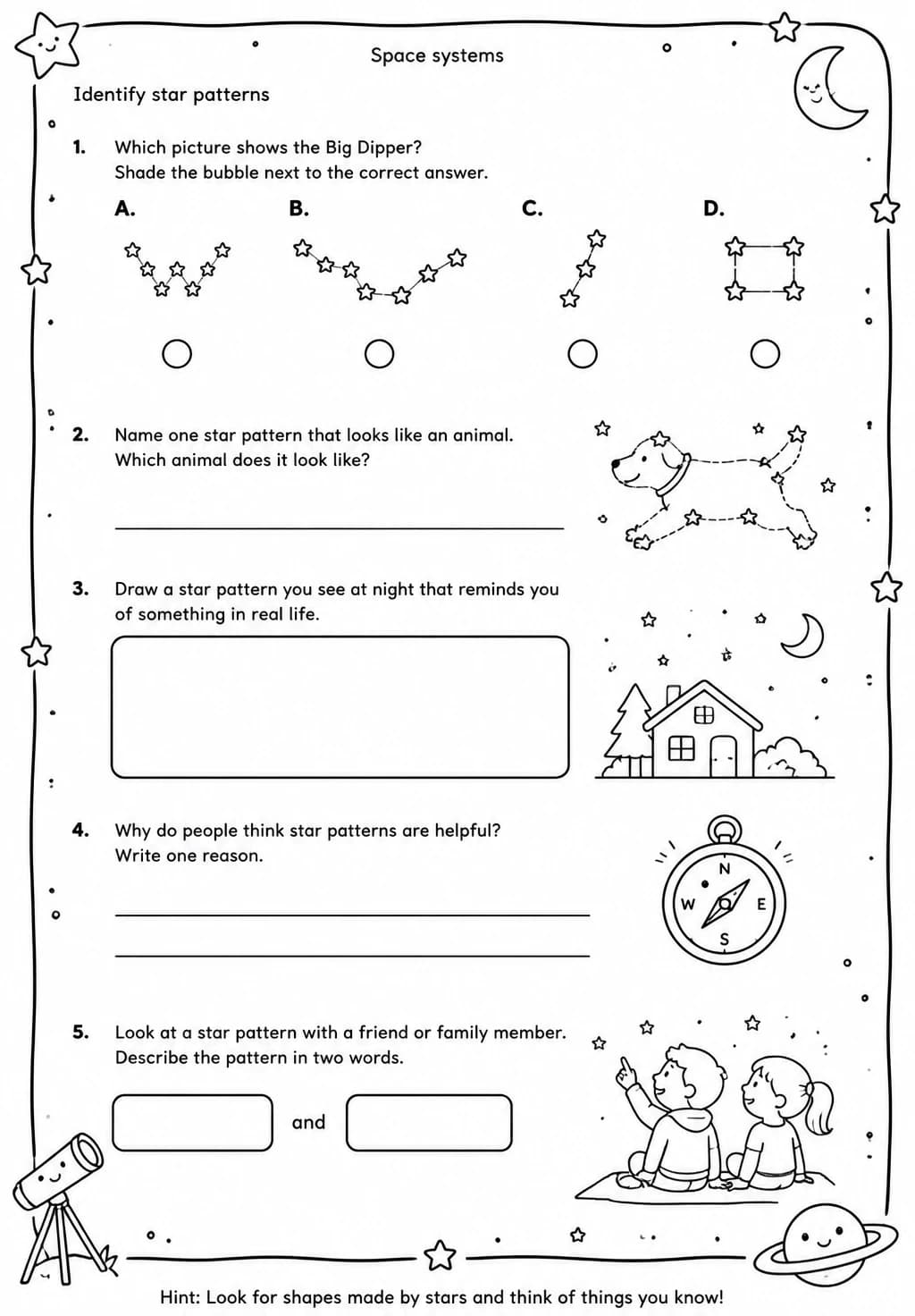 Identify star patterns — free printable Grade 4 Science worksheet