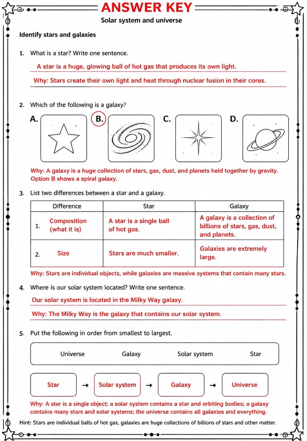 Answer key for Identify stars and galaxies — free printable Science worksheet