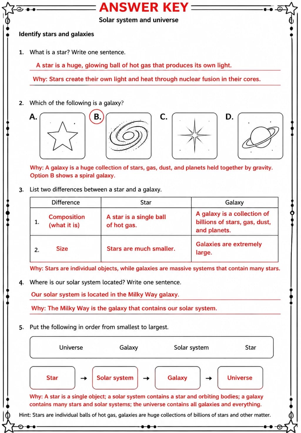 Answer key for Identify stars and galaxies — free printable Science worksheet
