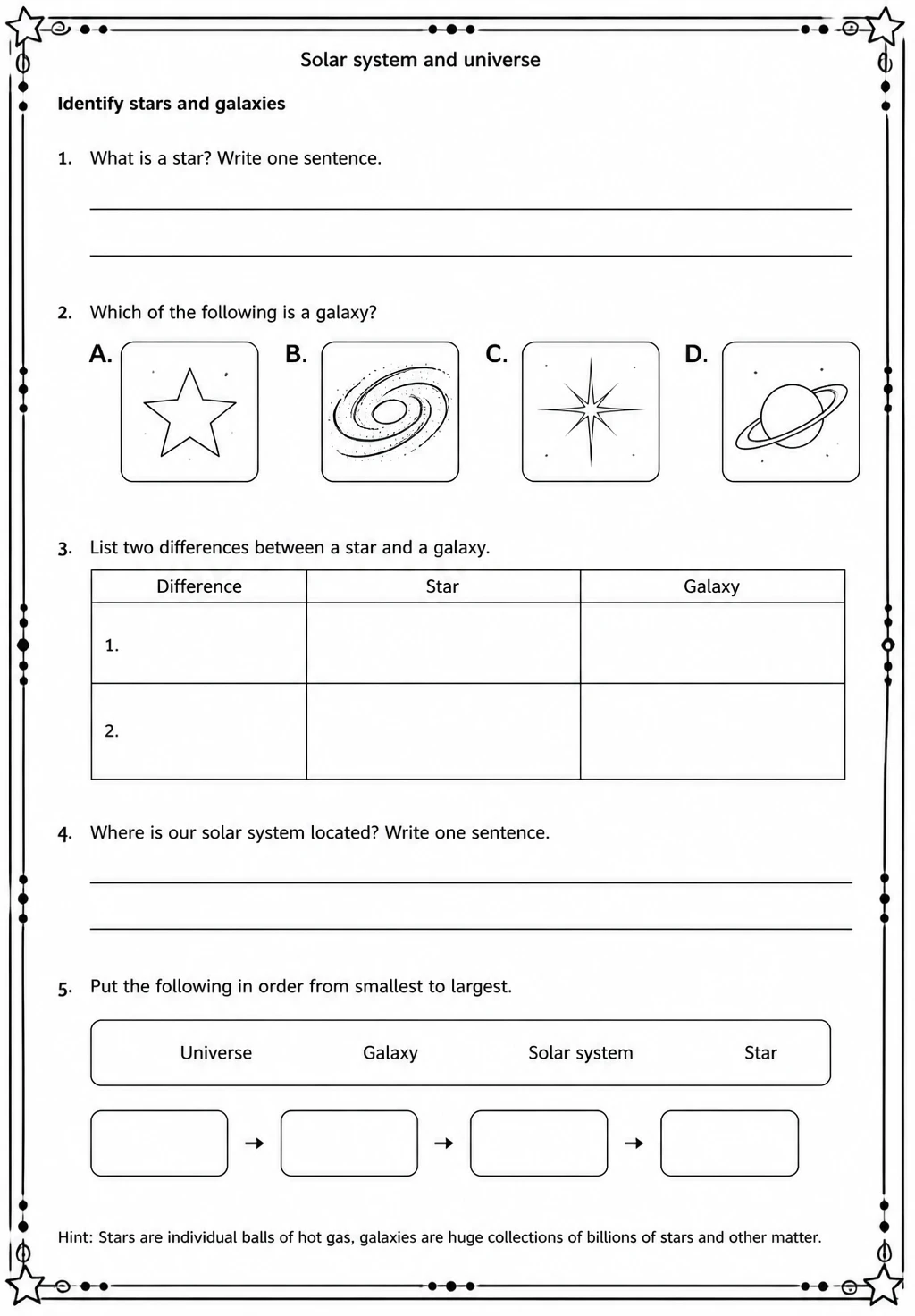 Identify stars and galaxies — free printable Middle School Science worksheet