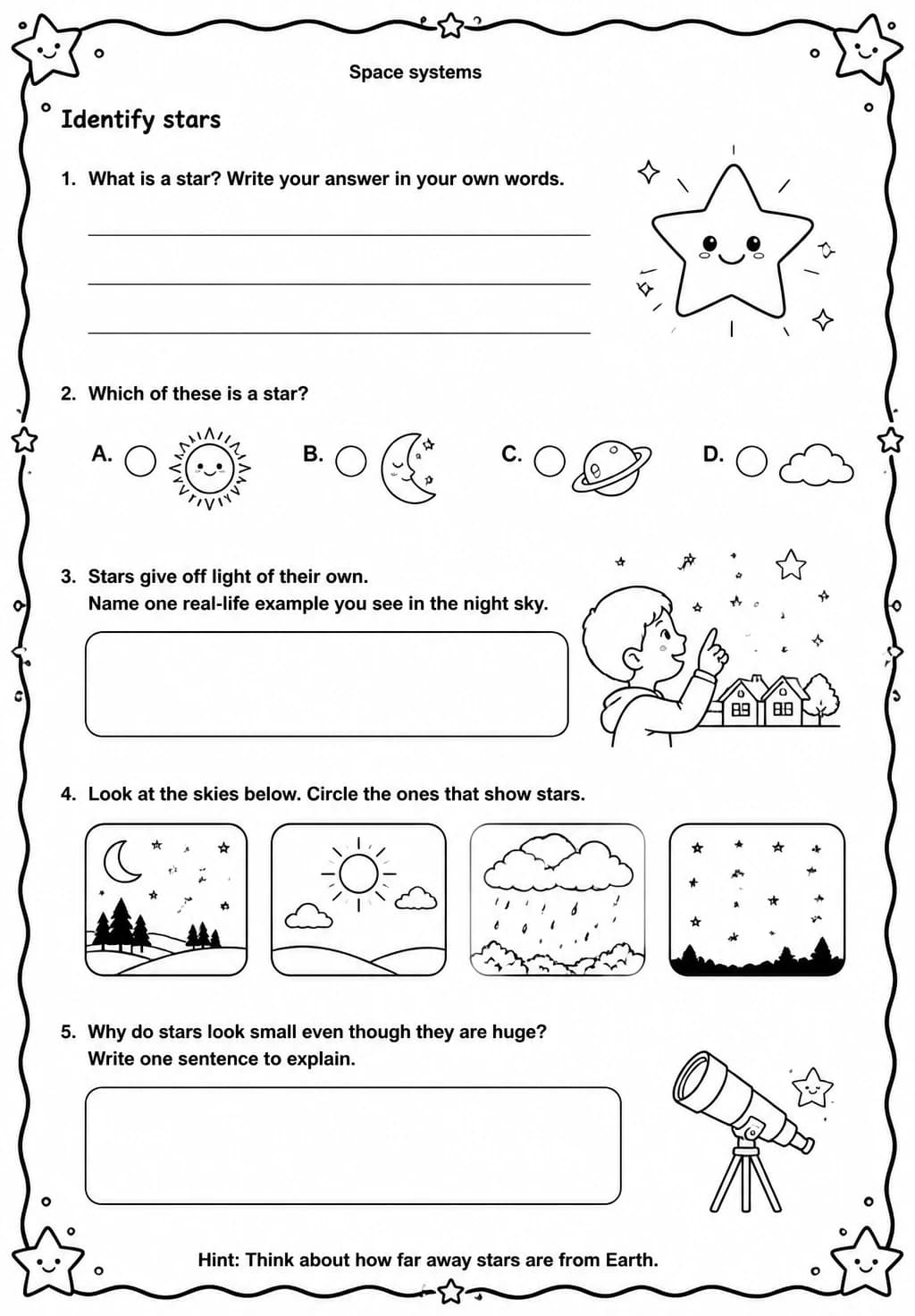Identify stars — free printable Grade 3 Science worksheet
