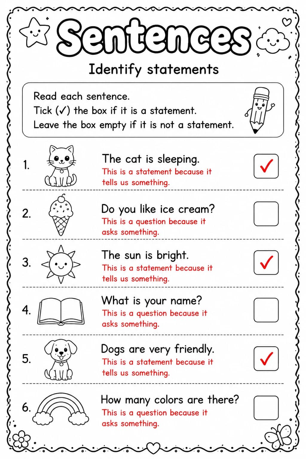 Answer key for Identify statements — free printable English & Reading worksheet