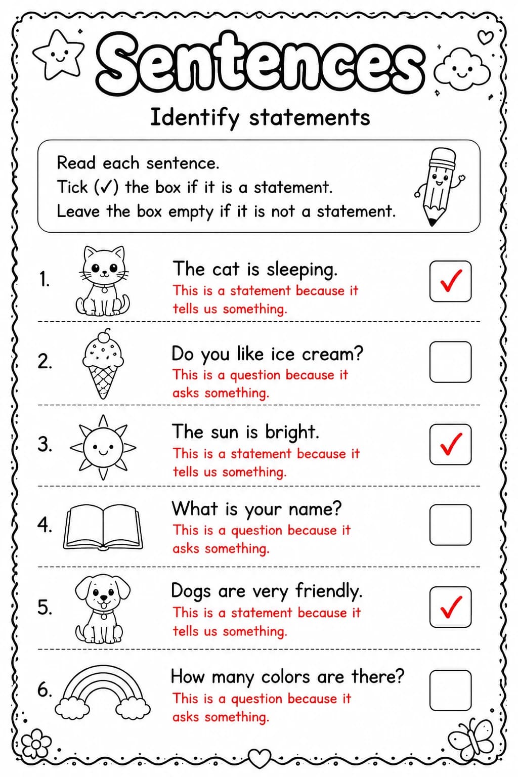 Answer key for Identify statements — free printable English & Reading worksheet