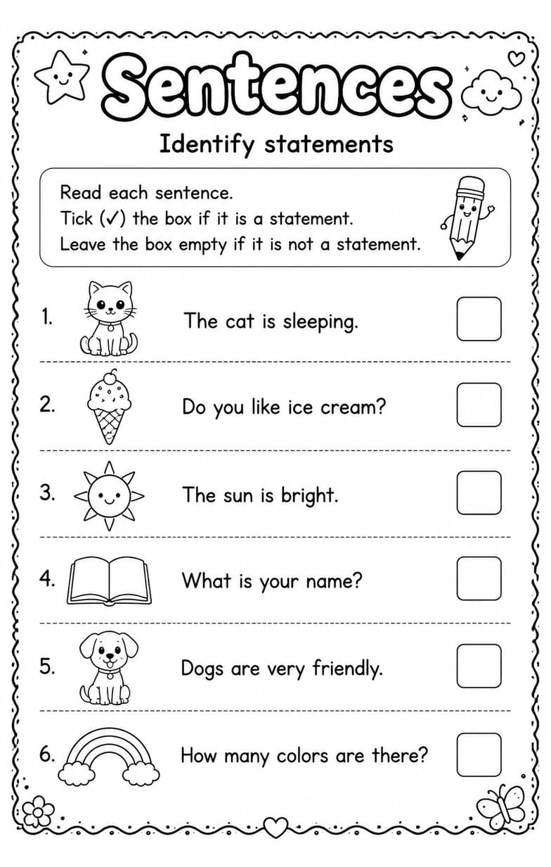 Identify statements — free printable Grade 1 English & Reading worksheet