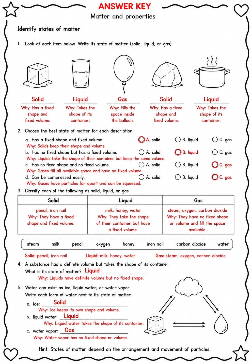Answer key for Identify states of matter — free printable Science worksheet