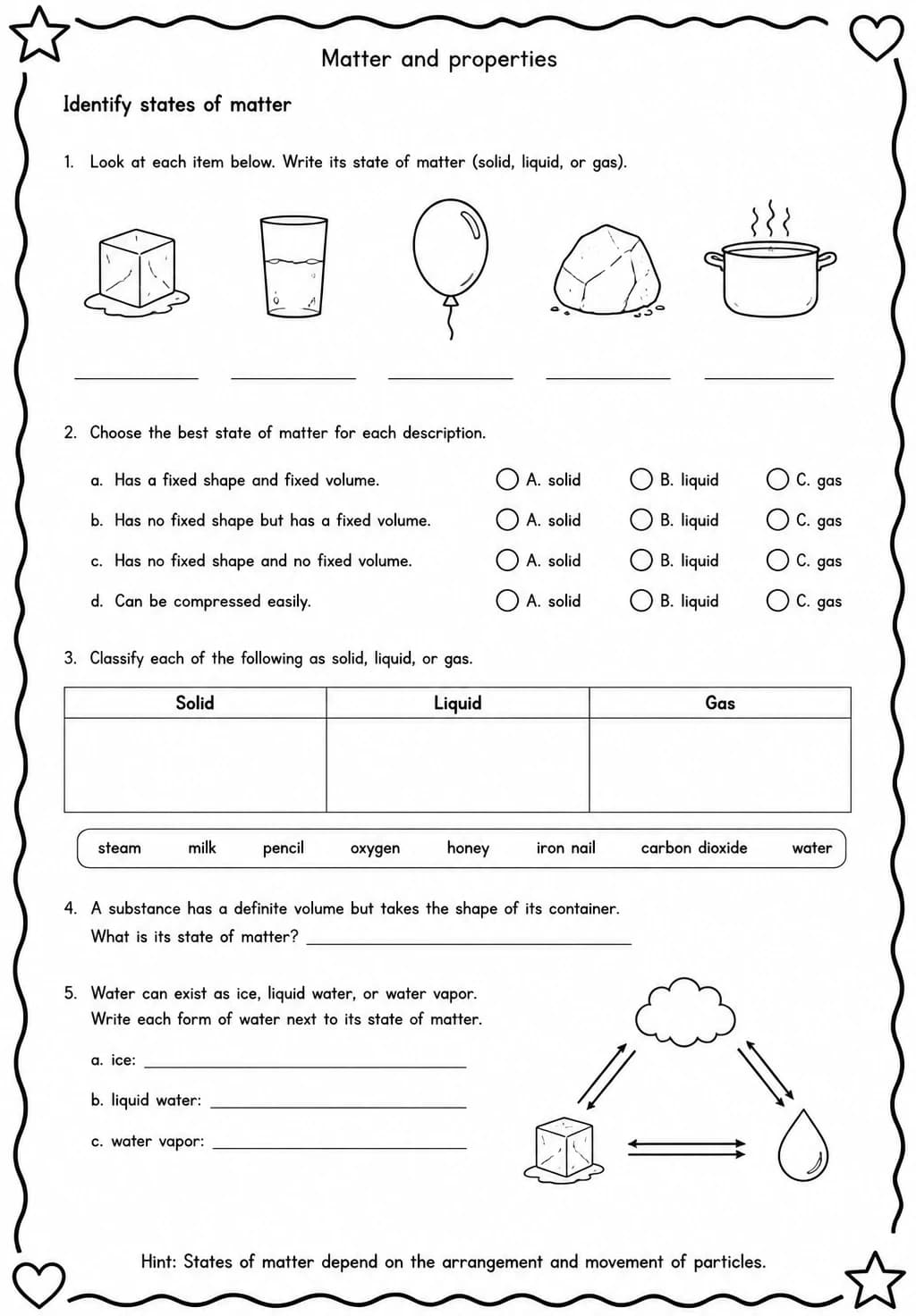 Identify states of matter — free printable High School Science worksheet