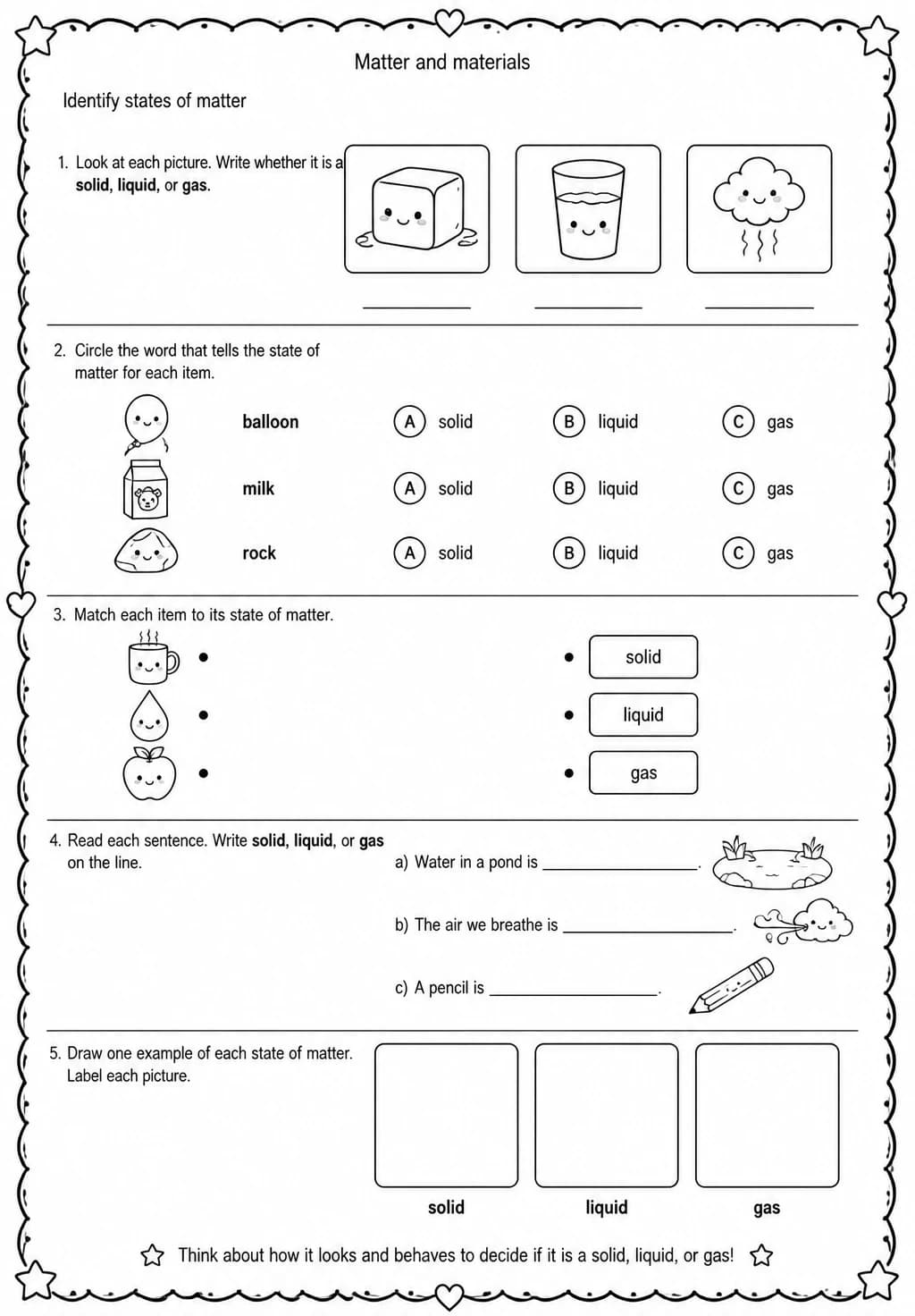 Identify states of matter — free printable Grade 3 Science worksheet