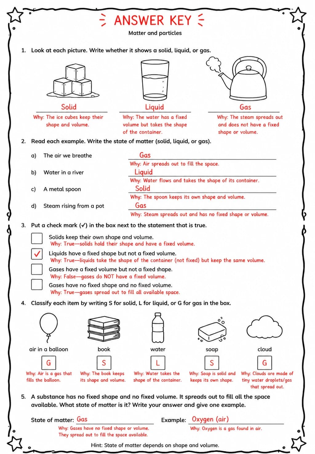 Answer key for Identify states of matter — free printable Science worksheet