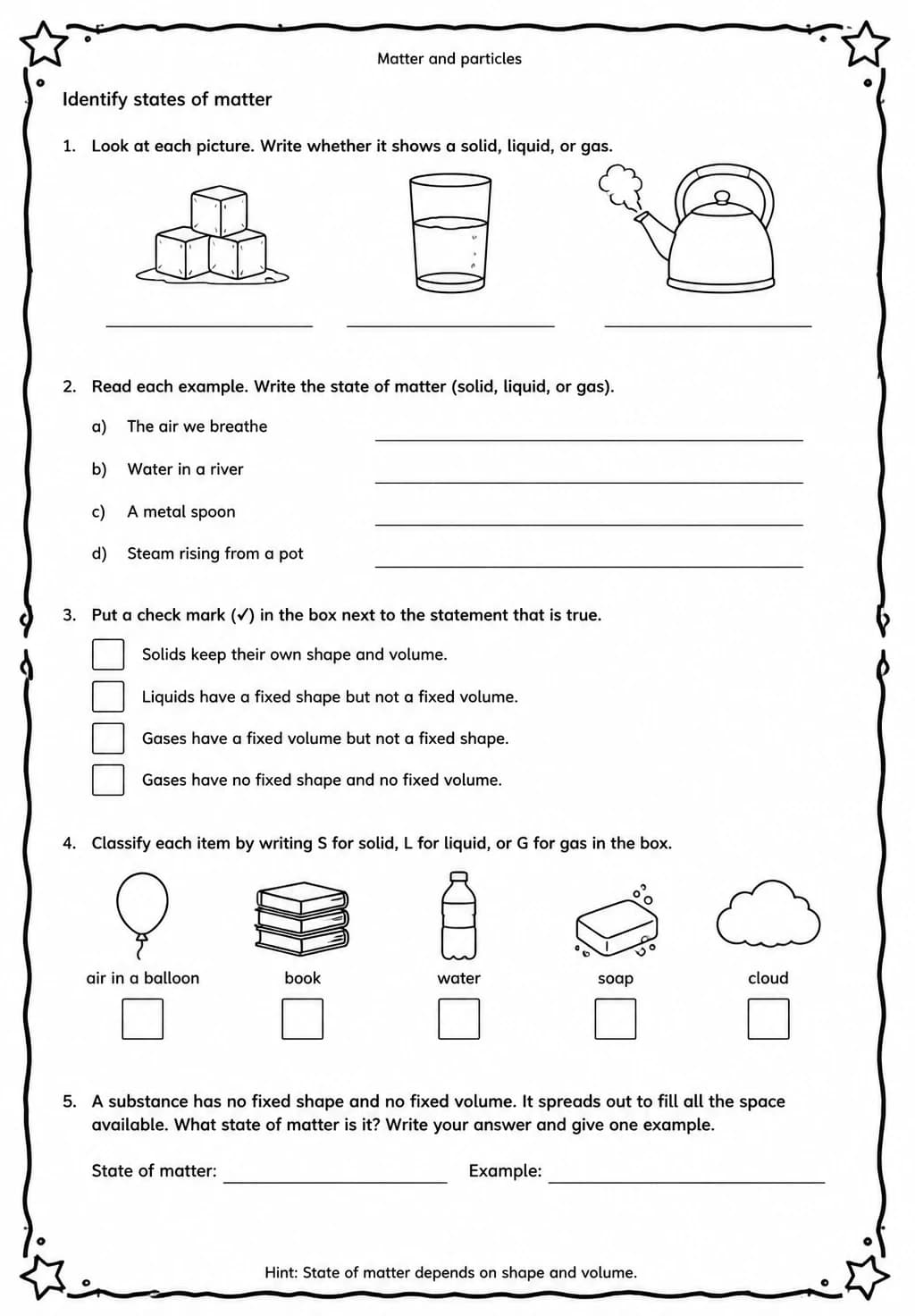 Identify states of matter — free printable Middle School Science worksheet
