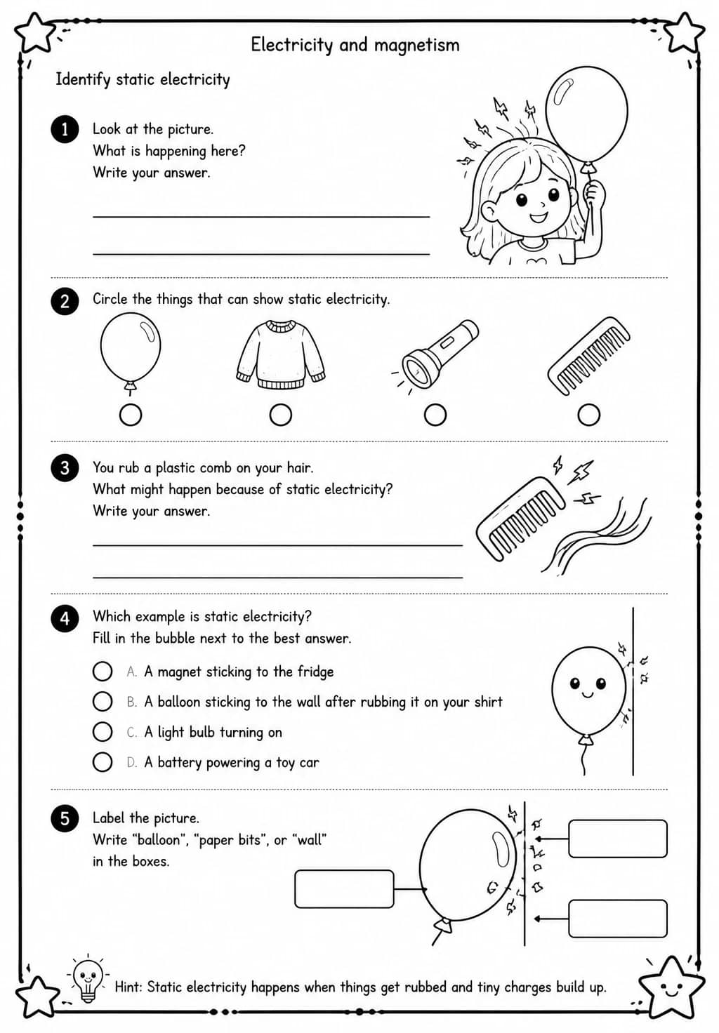 Identify static electricity — free printable Grade 3 Science worksheet
