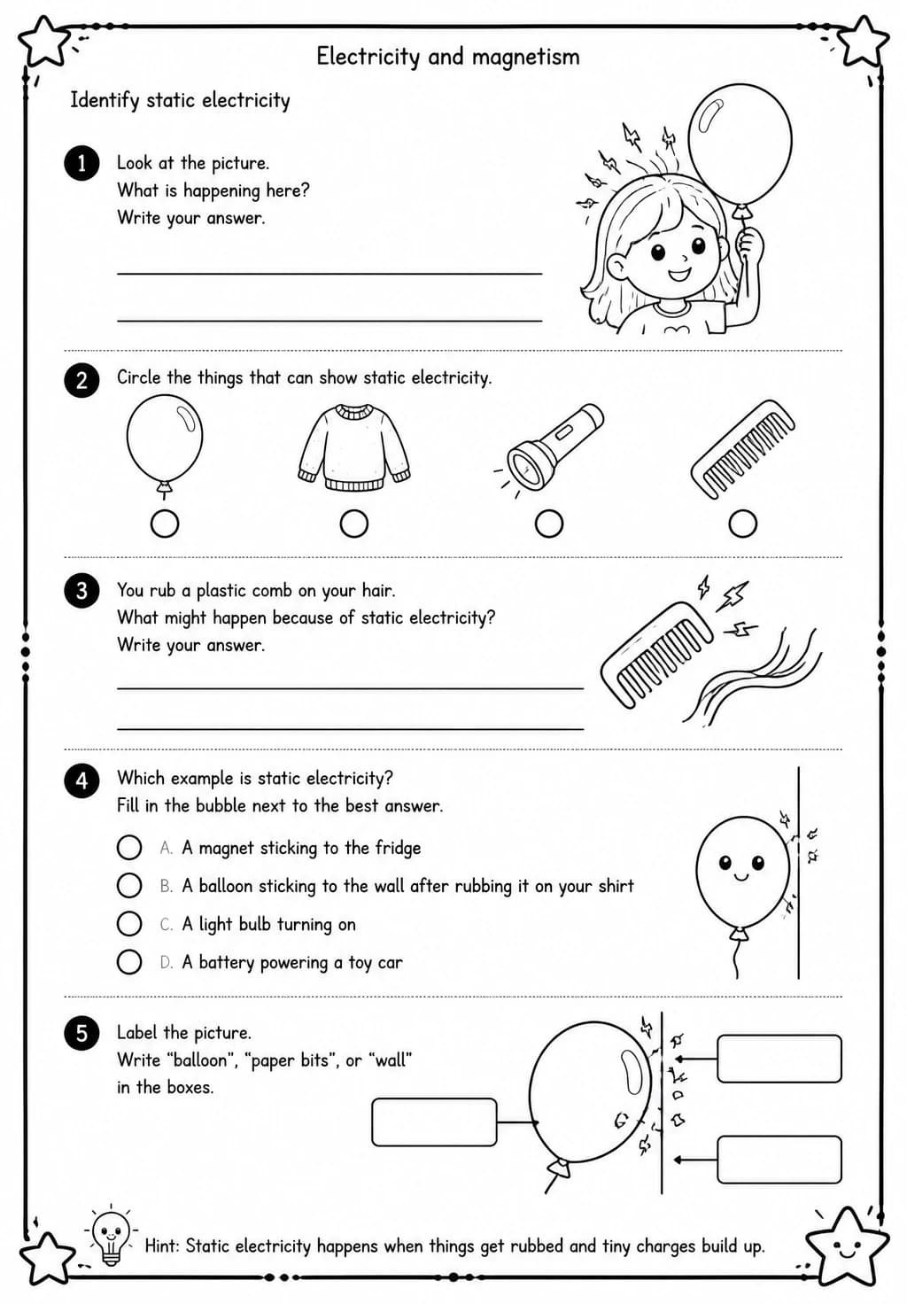Identify static electricity — free printable Grade 3 Science worksheet